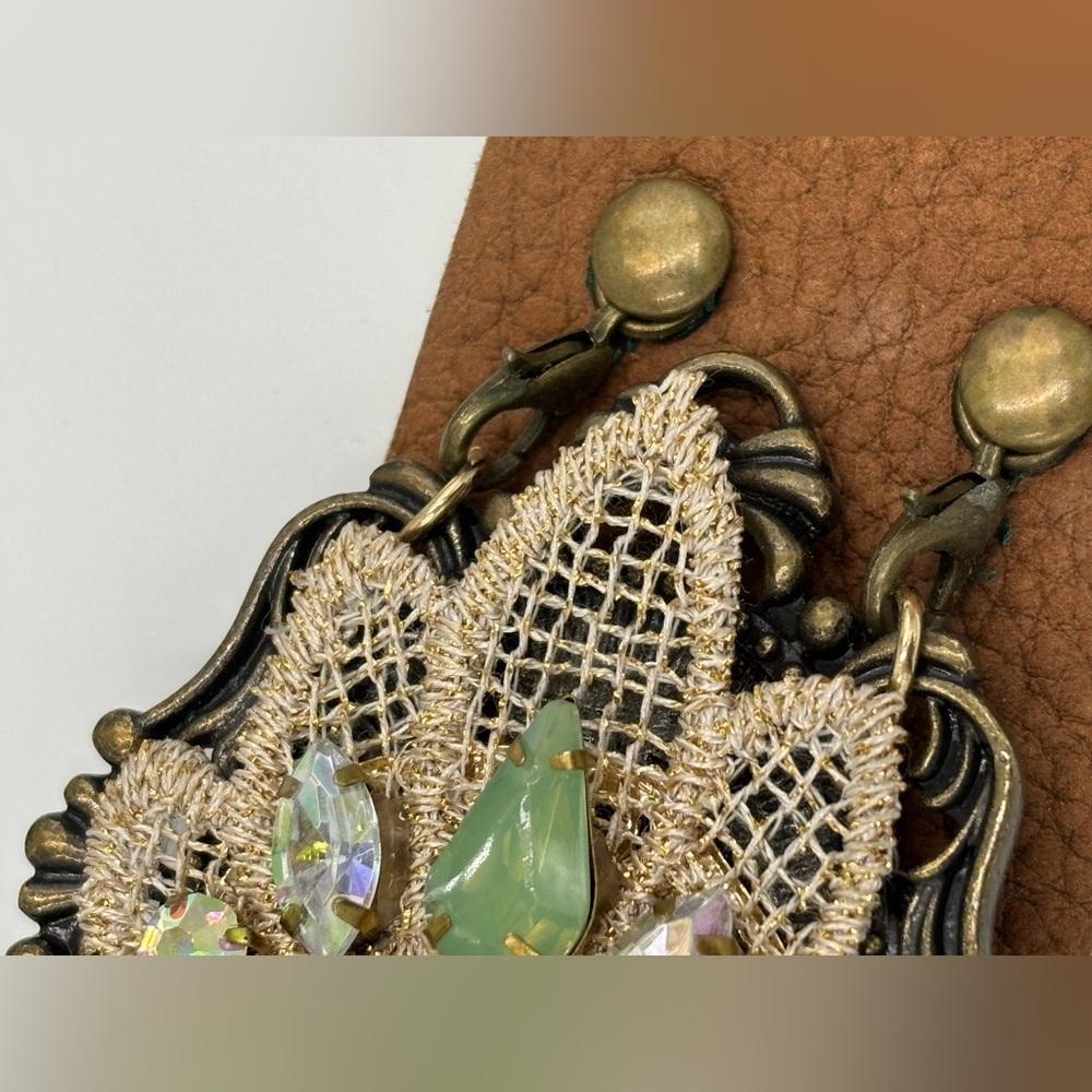Faux Leather Brown Cuff Bracelet with Gemstone Accents and AB Crystals - Picture 6 of 8